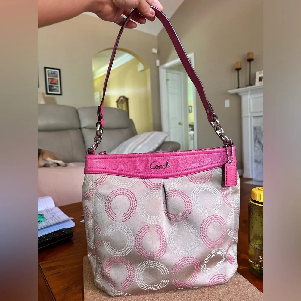 Coach Ashley Dotted OP Art Signature Shoulder Bag, Cream/Pretty Pink, GUC - Picture 1 of 16
